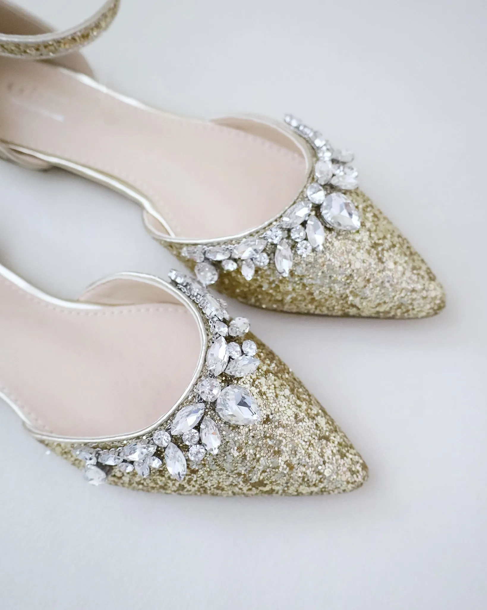 Gold Pointy Toe Glitter Ankle Strap Flats with Teardrop Rhinestones