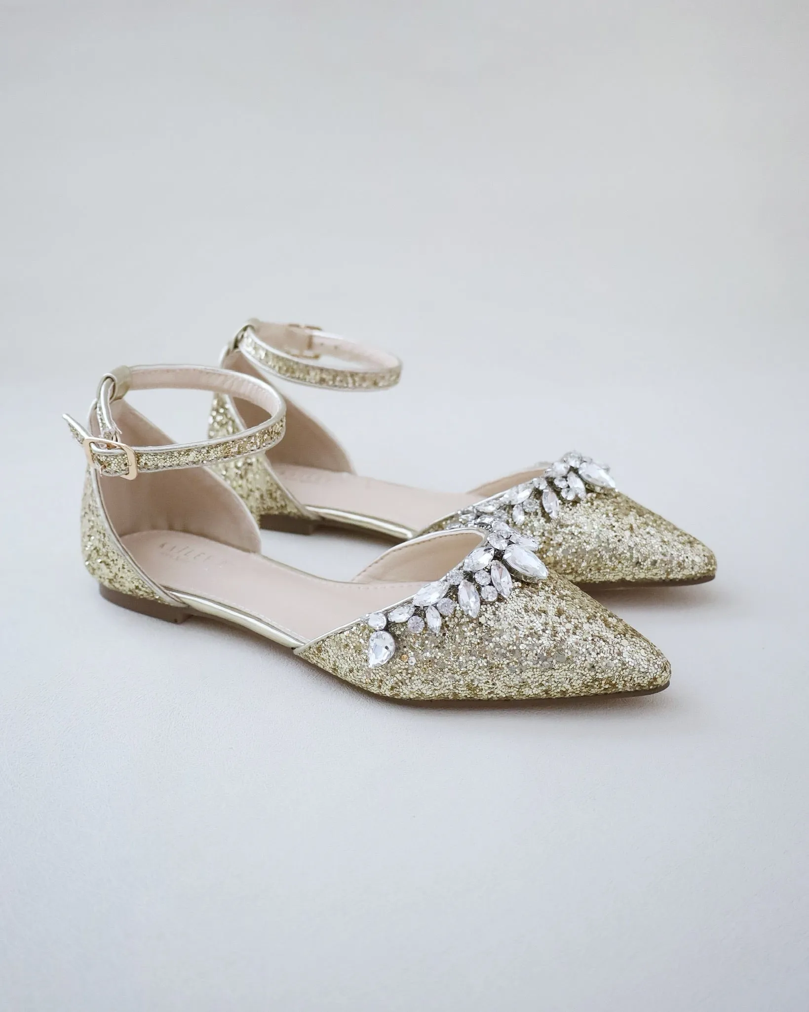 Gold Pointy Toe Glitter Ankle Strap Flats with Teardrop Rhinestones