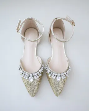 Gold Pointy Toe Glitter Ankle Strap Flats with Teardrop Rhinestones