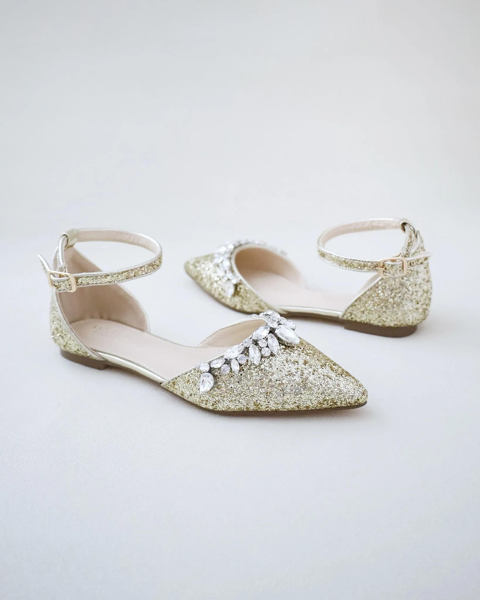 Gold Pointy Toe Glitter Ankle Strap Flats with Teardrop Rhinestones