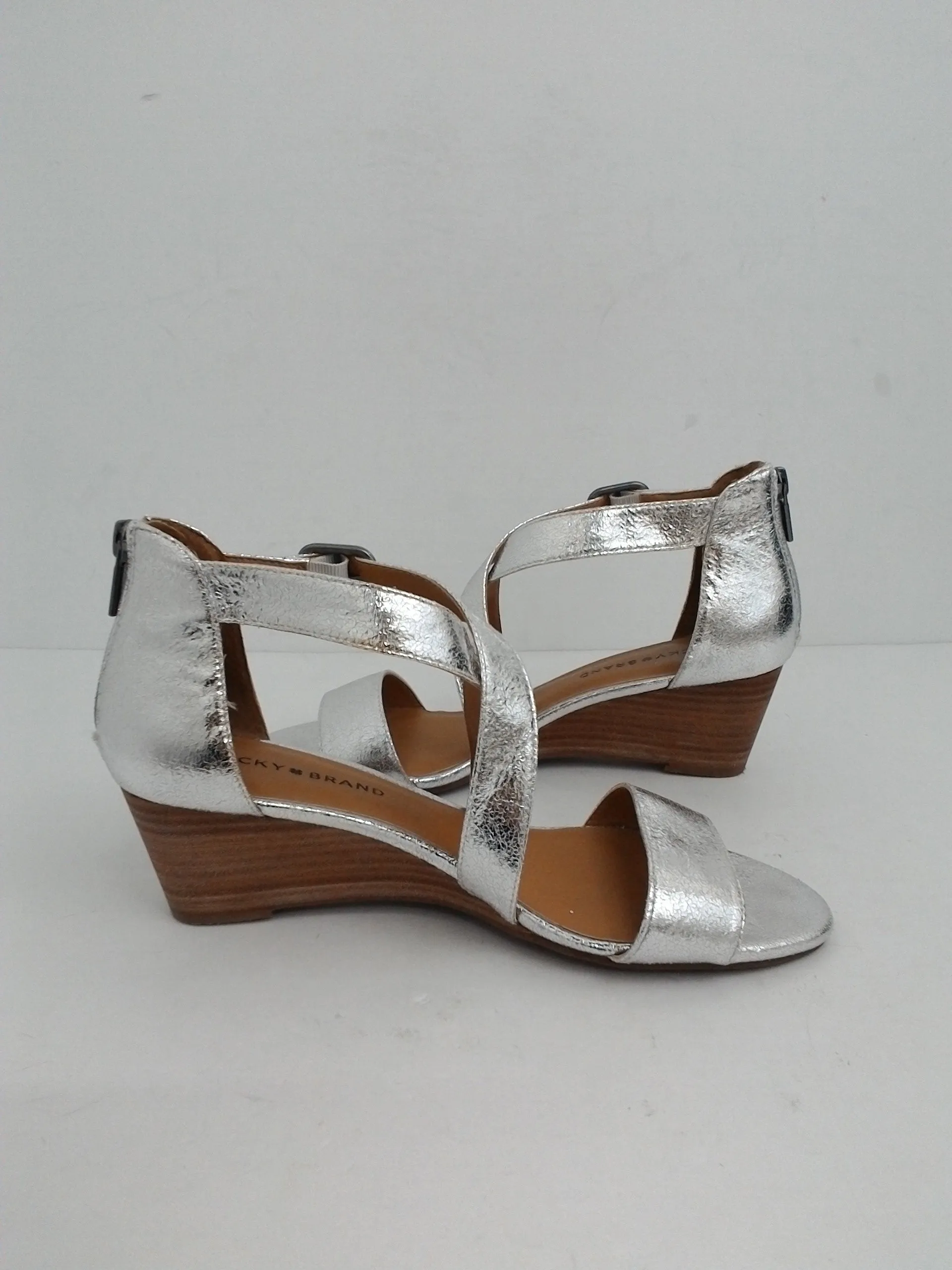 Lucky Brand Women's Jenley Silver Leather Wedge Sandal Size 8.5 M