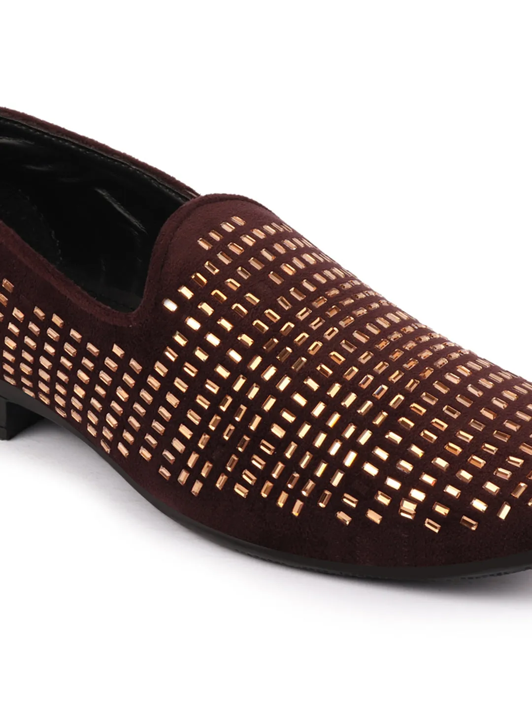 Men Brown Embellished Design Velvet Slip On Party Loafers Shoes