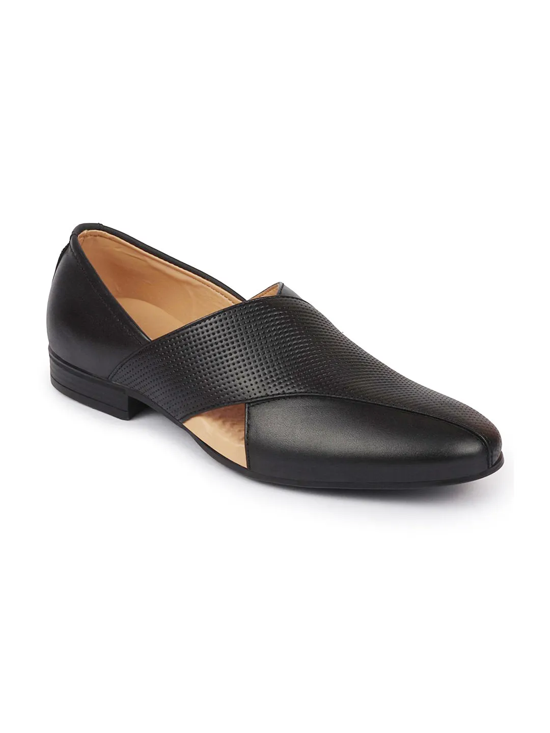 Men Formal Black Peshawari Front Open Leather Slip On Shoes