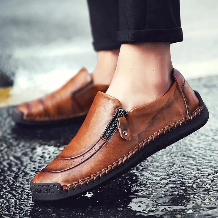 Men Hand Stitching Zipper Slip-ons Leather Loafers