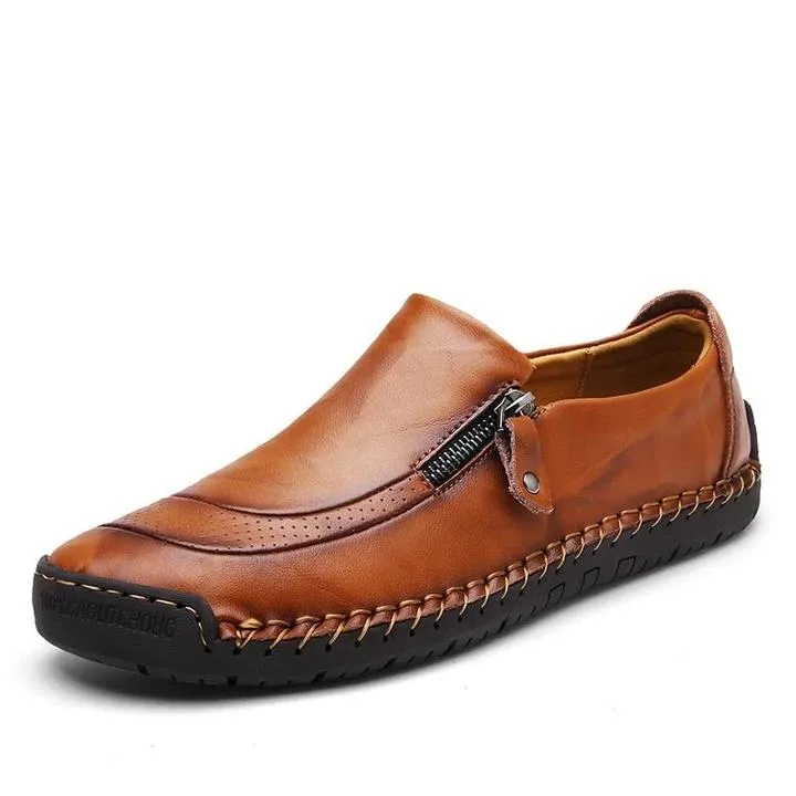 Men Hand Stitching Zipper Slip-ons Leather Loafers