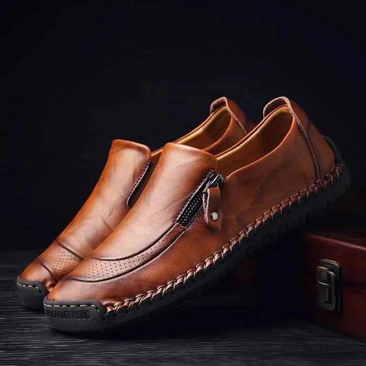 Men Hand Stitching Zipper Slip-ons Leather Loafers