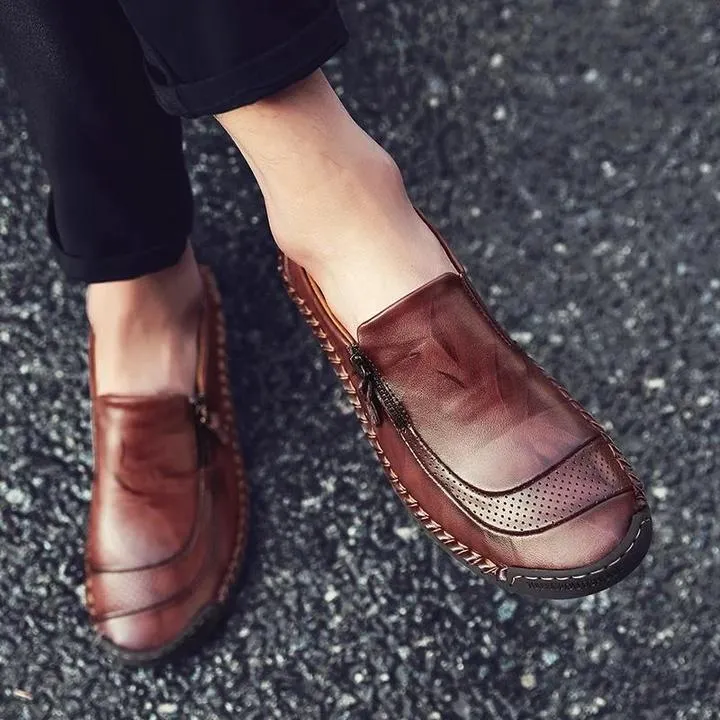 Men Hand Stitching Zipper Slip-ons Leather Loafers