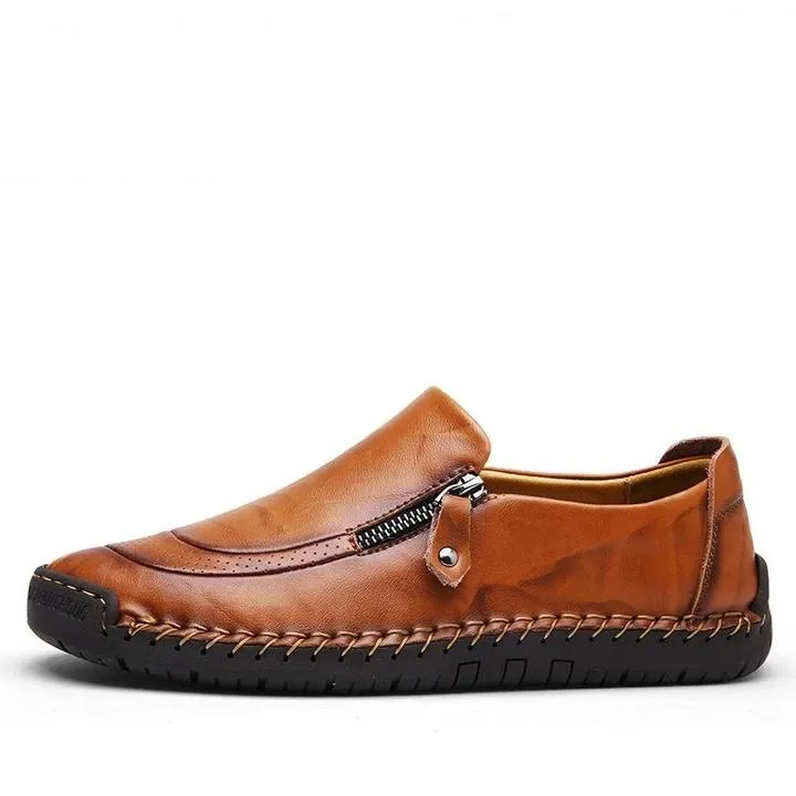 Men Hand Stitching Zipper Slip-ons Leather Loafers