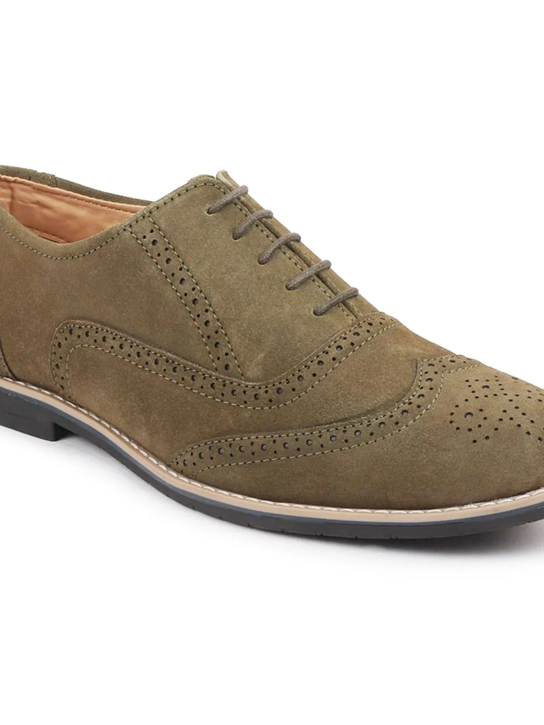 Men Olive Suede Leather Brogue Shoes with TPR Welted Sole