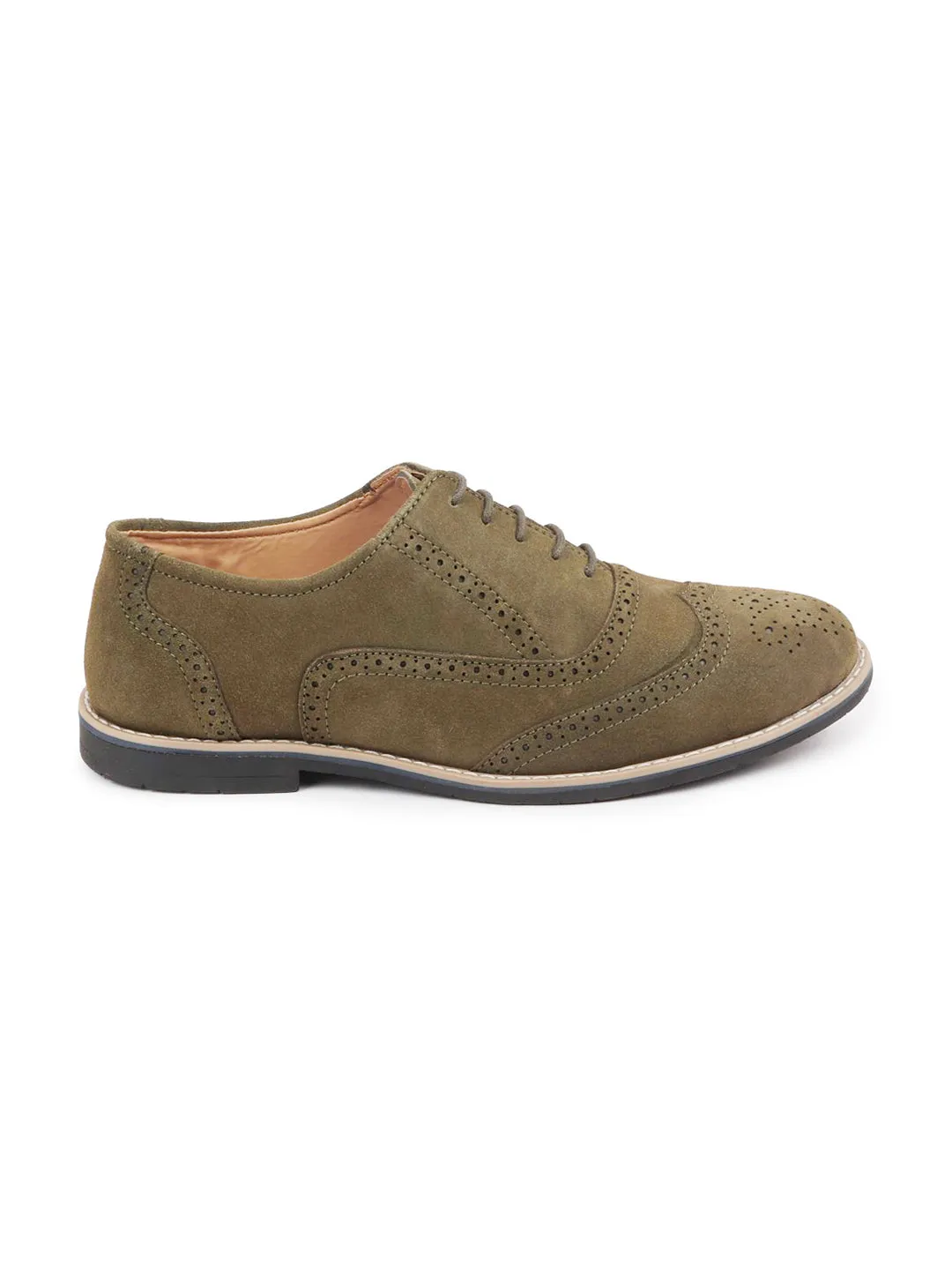 Men Olive Suede Leather Brogue Shoes with TPR Welted Sole