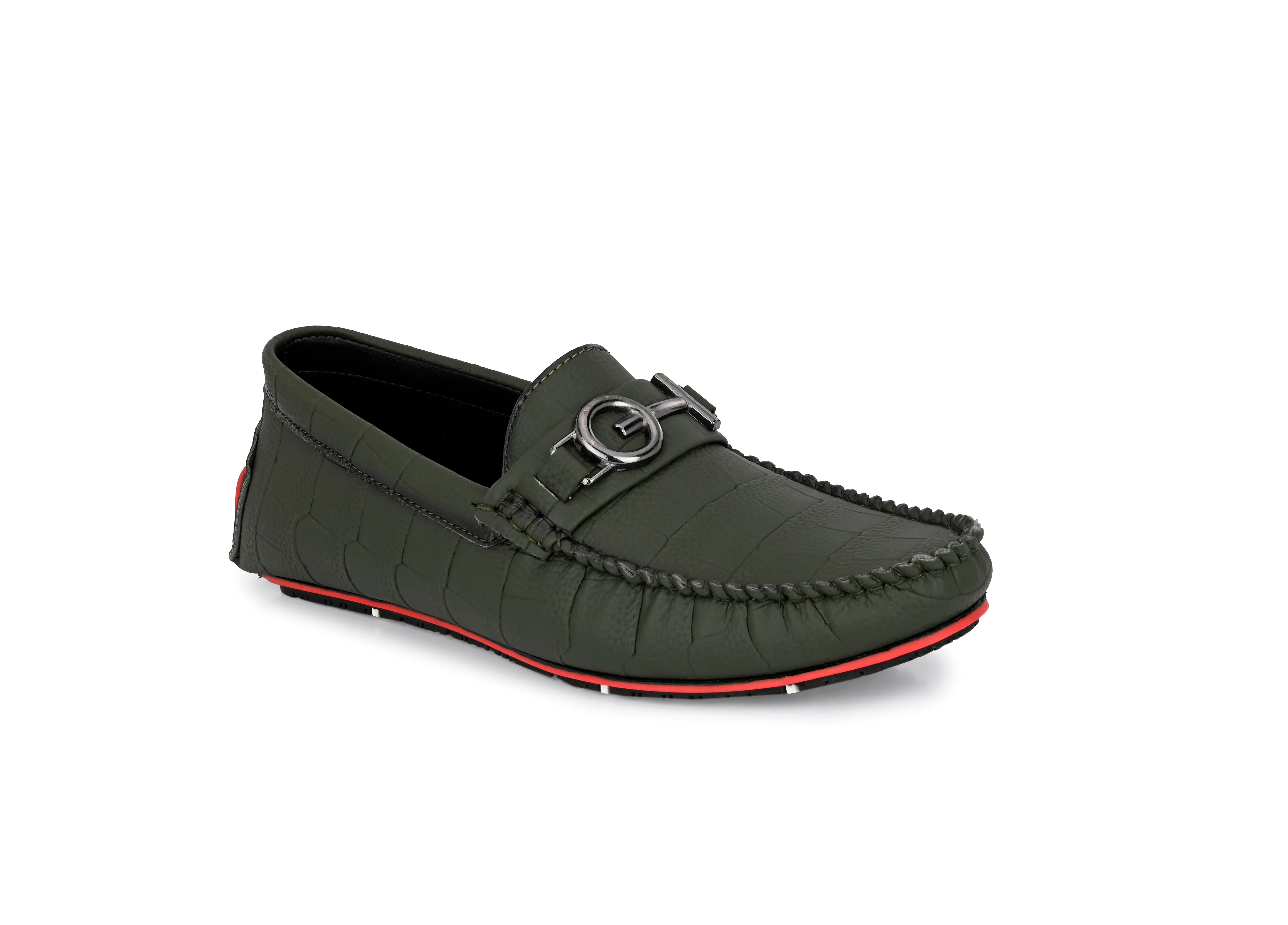 Olive Round Toe Loafers With Metal Accent