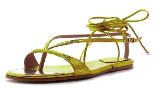 Schutz Vikki Flat Green Yellow T-Strap Ankle Strap Lace up Open Toe Flat Sandal
