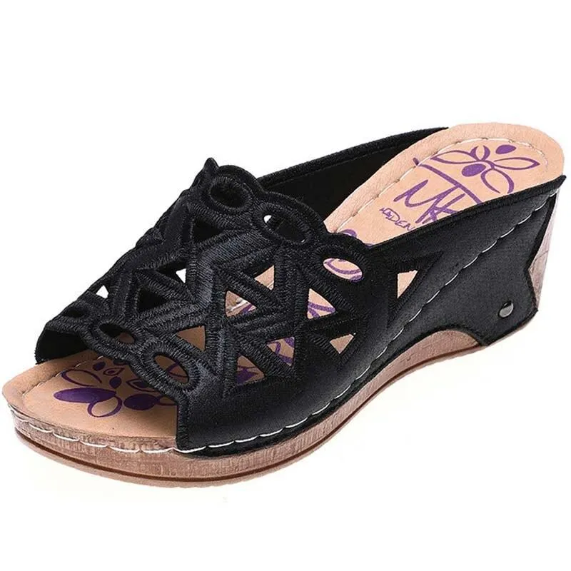 Slip-on Embroidered Wedge Sandals