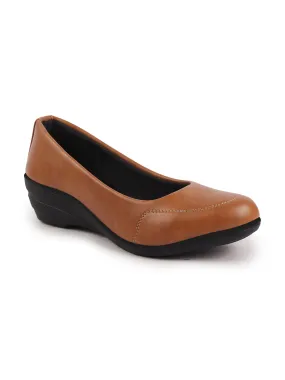 Women Tan Formal Platform Wedge Heel Slip On Ballerina Shoes