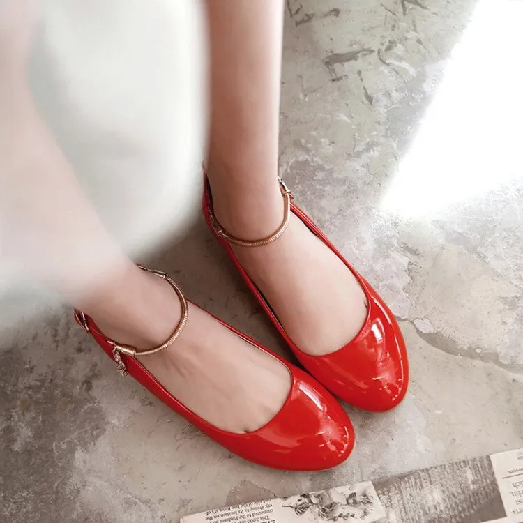 Women's Glossy Round Toe Shallow Metal Ankle Strap Flat Pumps