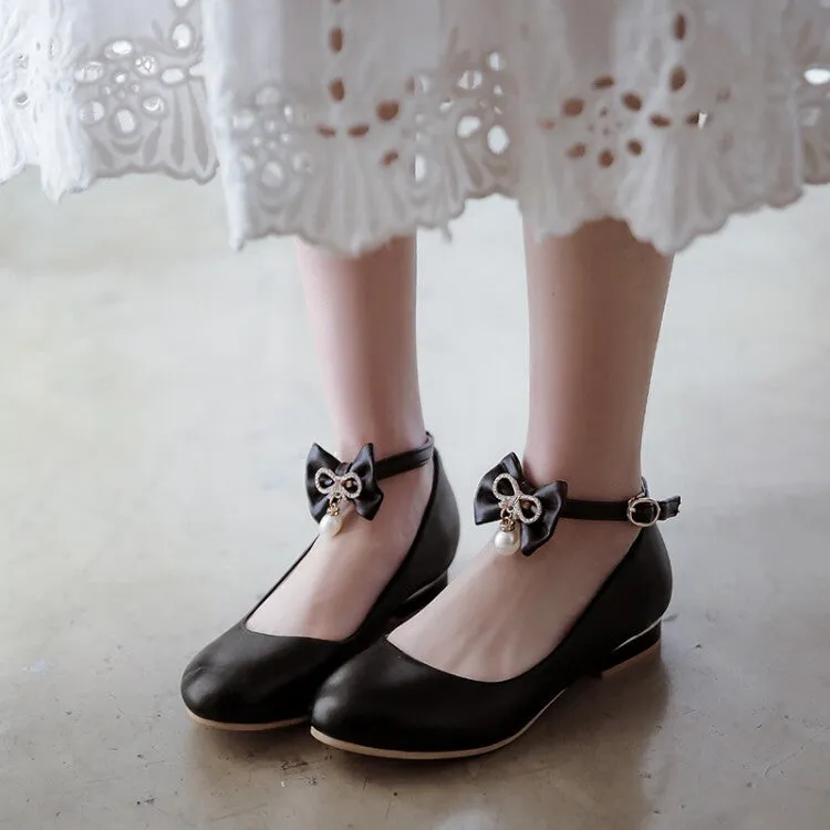 Women'sAnkle Strap Pearls Rhinestone Bow Tie Flat Pumps